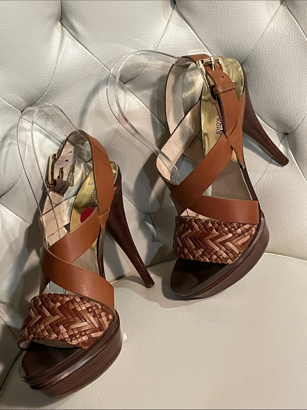Michael Kors Brown Woven Leather platform Heel Sandals Size 8 Boho Resort